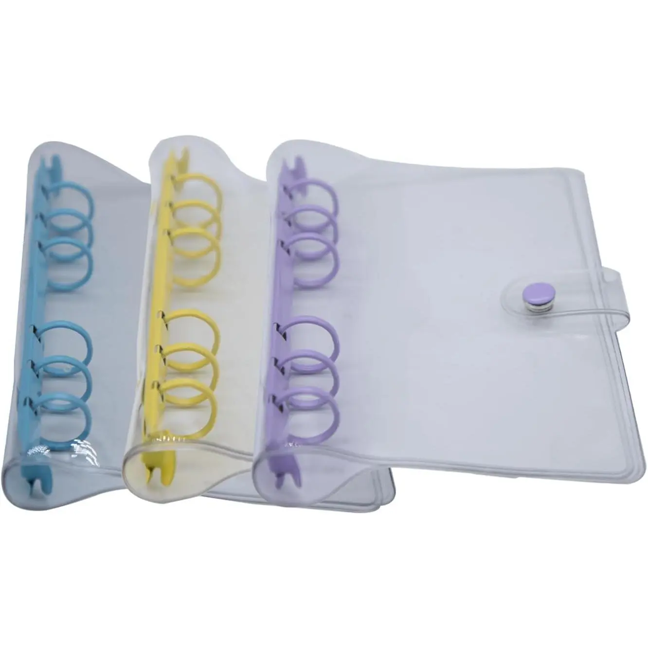 3 Pack A6 6-Ring Clear Binder Cover, Transparent Soft PVC 6 Holes Budget Binder Planner Cover Protector Snap Button Closure Loose Leaf Folder for Refillable Notebook, Blue  Yellow