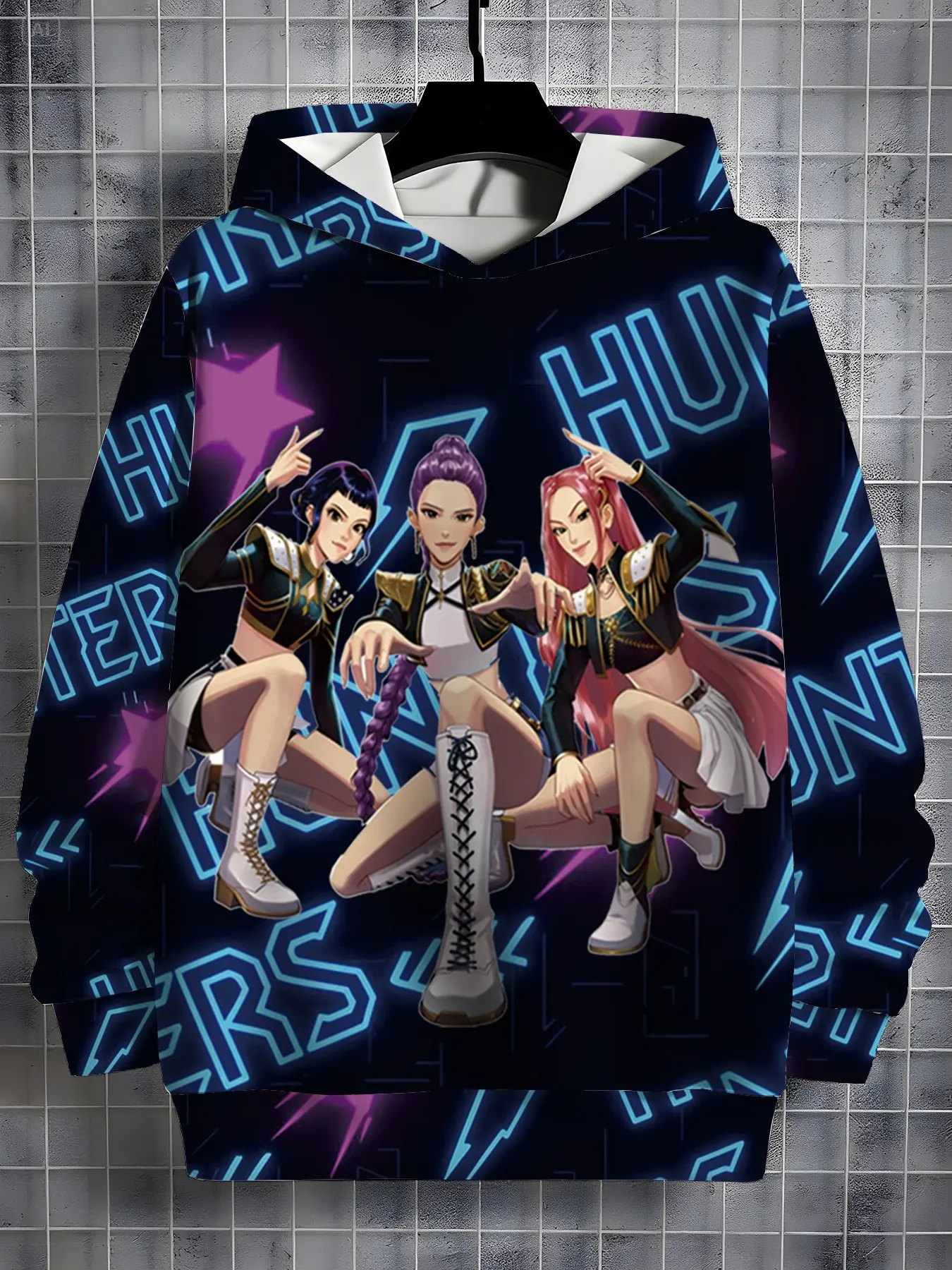 Cyber Neon Huntrix Girls' Hooded Sweatshirt, Kpop Stage Girl Print, Party School Gift, Multi-Scene Adaptability, Fall & Winter Casual Wear