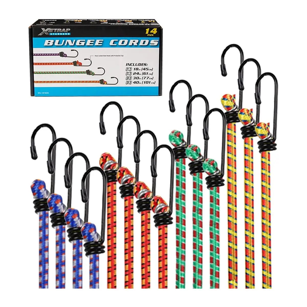 14 Pieces Standard Bungee Kit, Includes 18 24 30 40 Inch Bungee Cords with Hooks, Elastic Tie Downs for Cargo Luggage