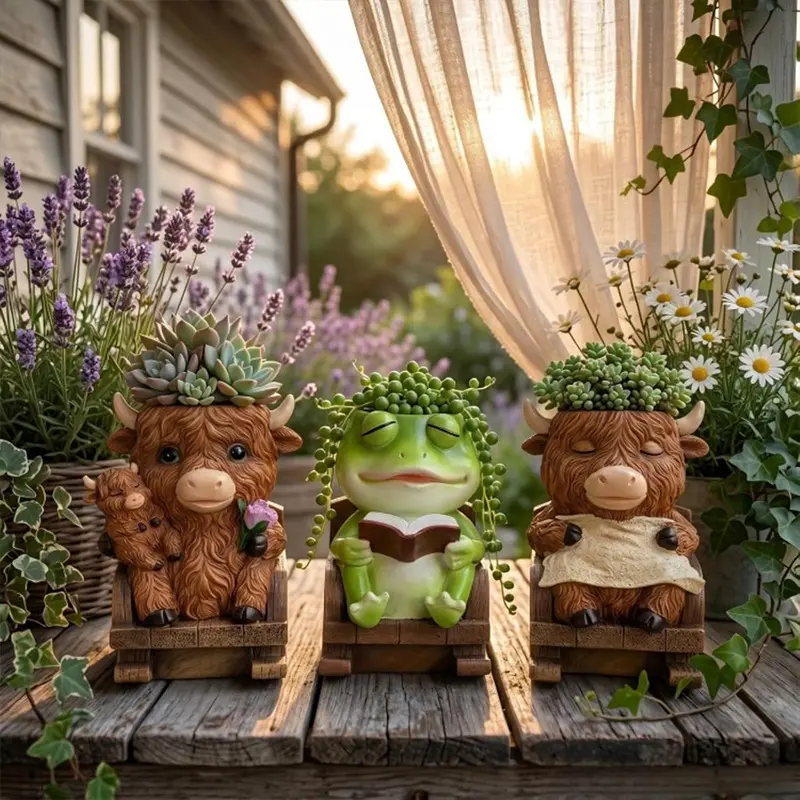 Cute Highland Cow And Frog Shaped Flower Pot - Hanging Resin Material, Suitable For Home Garden Decoration/Outdoor Lightweight Plastic Flower Pot, Featuring A Modern Animal Design And An Irregular Rocking Chair Shape, Can Be Hung Or Placed On A Table
