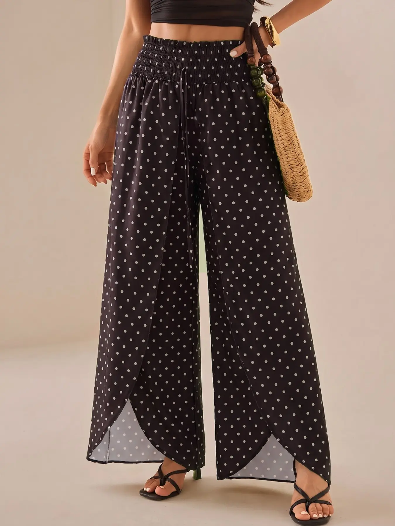 Women's Boho Polka Dot Wide Leg Pants, Smocked High Waist Tie Detail Side Slit Loose Flowy Long Trousers, Casual Beach Holiday Daily Summer Wear Bottoms