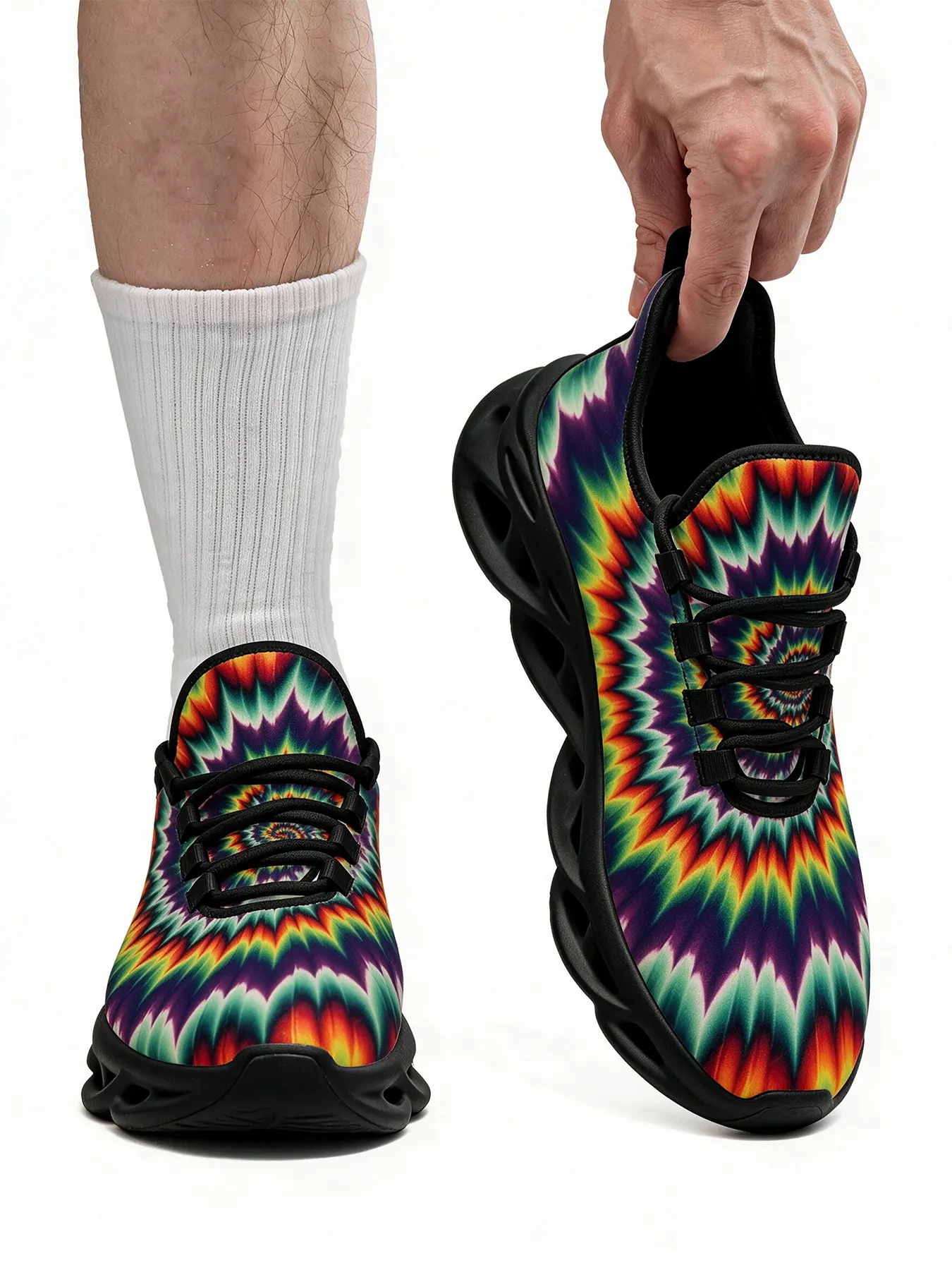 Man Woman Multicolor Hypnotic Spiral Tie Dye Mesh Sneakers Lace Up Hollow Blade Sole Athletic Shoes Abstract Boho Swirl Pattern Trendy Street Style Casual Trainers