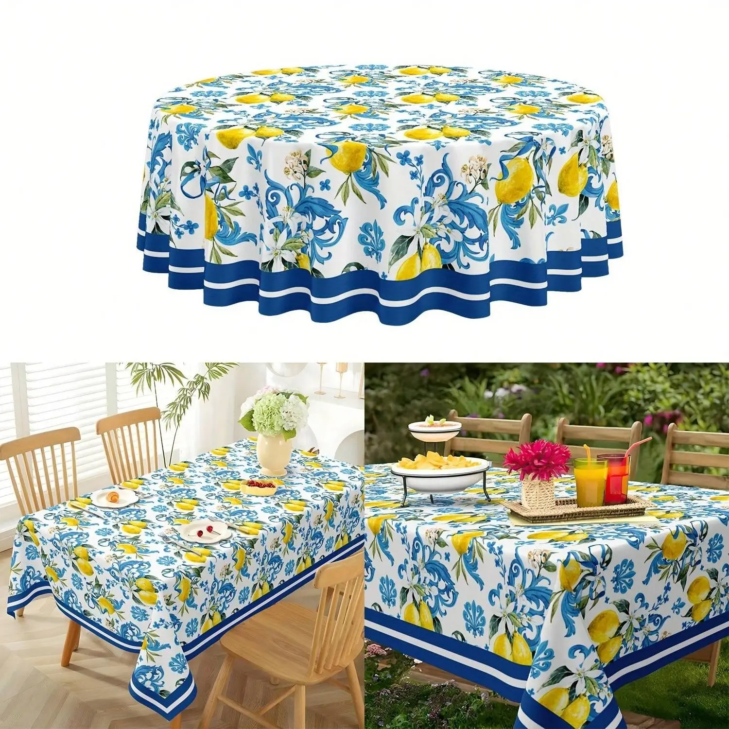 Vintage Lemon Floral Tablecloth, Polyester, Woven, Rectangular, Stain-Resistant, Washable, Home, Kitchen, Dining, Party, Holiday Decor