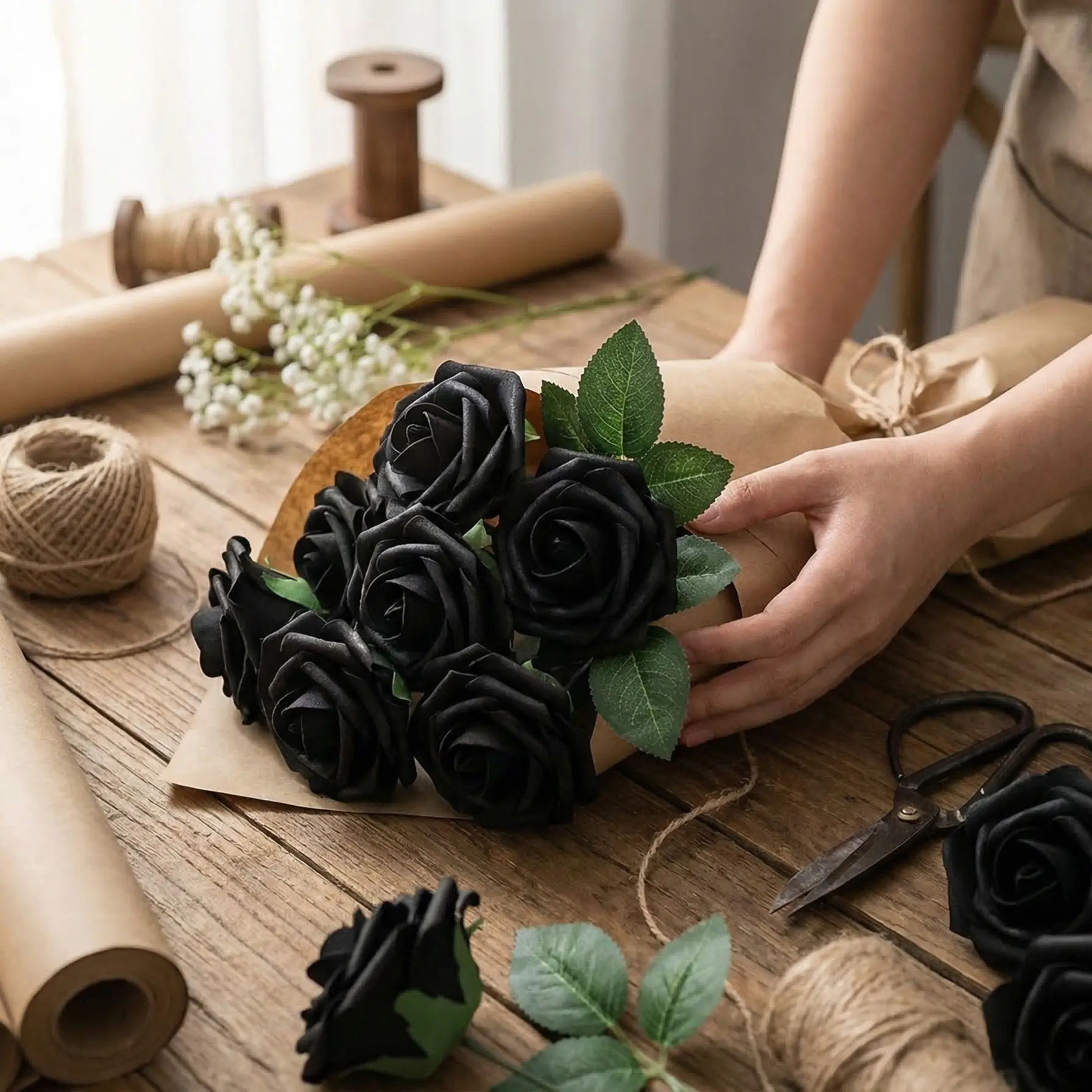 40pcs Elegant Fake Roses with Stems and Leaves, Gothic Halloween Decor, Wedding DIY Bouquets, Party Centerpieces, Opp Bag Packaging