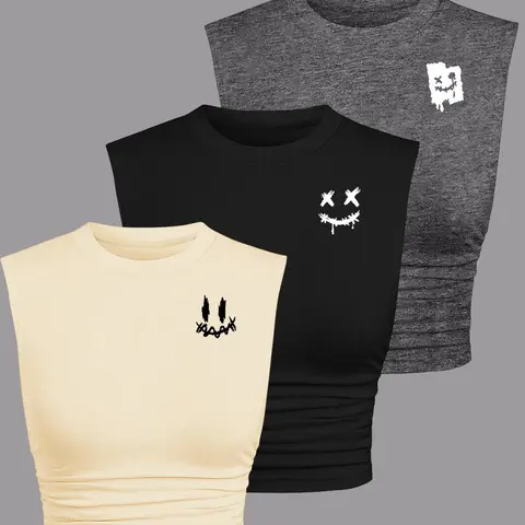 Women's Cartoon Face Print Round Neck Tank Top, Casual Chic Sleeveless Crew Neck Top for Summer, Ladies Essential Clothes for Daily Wear, Everyday Womenswear Fit