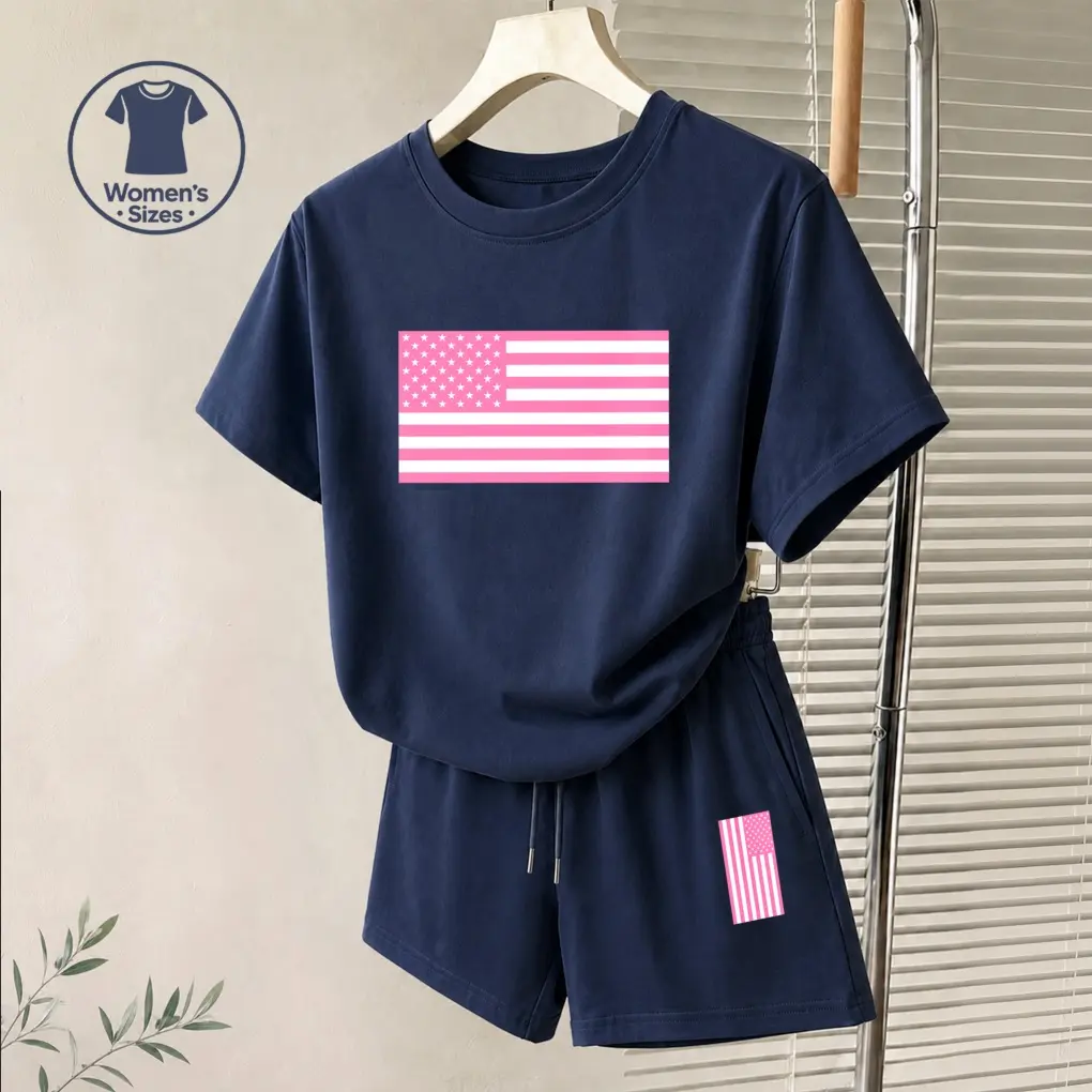 Women's Pink American Flag Graphic Short Sleeve T-Shirt And Shorts Set, Casual Summer Two-Piece Outfit With Crew Neck Top And Drawstring Waist Shorts For Daily Wear
