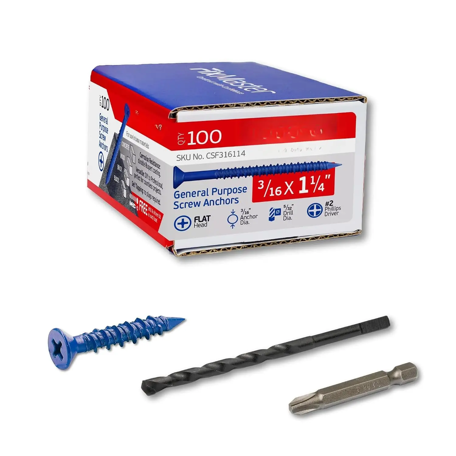3/16 x 1-1/4" Countersunk Phillips Flat  Blue Concrete Screw Anchors (100 pcs Screw Kit) with   and Drill Bit for Concrete, Masonry, Block, Brick and  Fastening