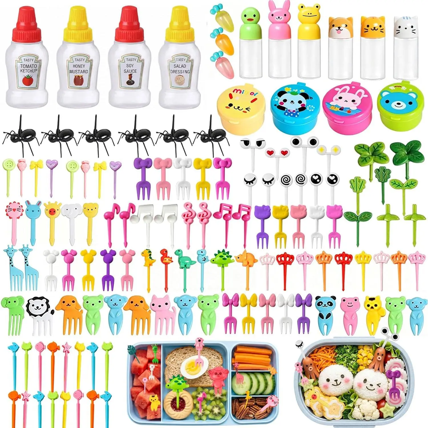 143 count Bento Box accessories Ketchup Squeeze Bottles  Lunch Accessories   Picks Mini Sauce Bottles And  Fruit  Toothpicks for Camping Office Lunch Box Accessories