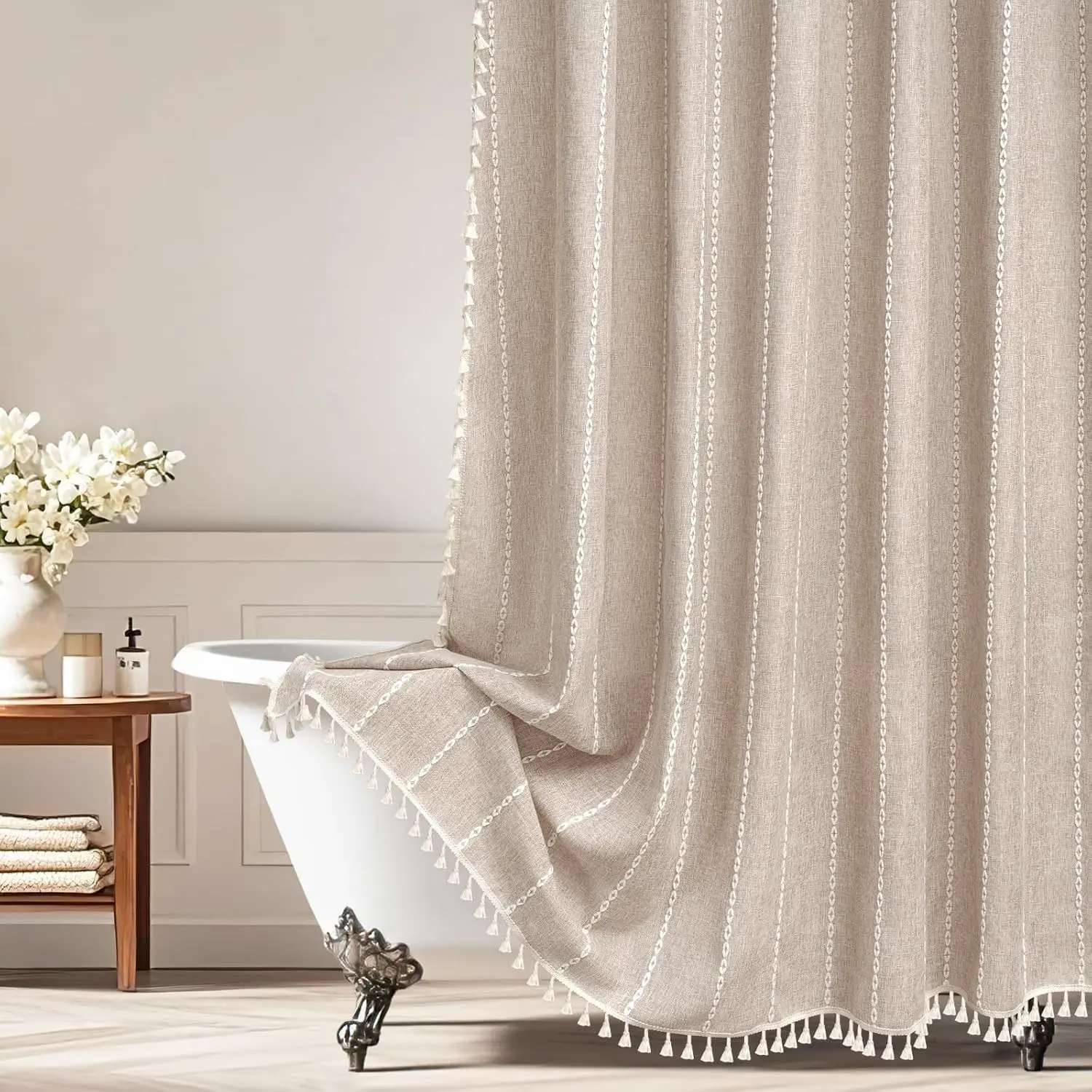 Boho Farmhouse Linen Shower Curtain with Tassels, Tan Brown Heavyweight Soft Fabric Shower Curtain Striped, 72 x 72 Inch Taupe Water Repellent Rustic Country Bathroom Curtain Wrinkle-Free