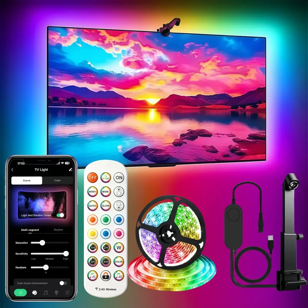 TV Backlight with Camera, Screen Sync RGB LED Strip Light, App & Remote Control, Music Sync Ambient Bias Lighting for 32‑75 Inch TV Monitor, TV Led Lights