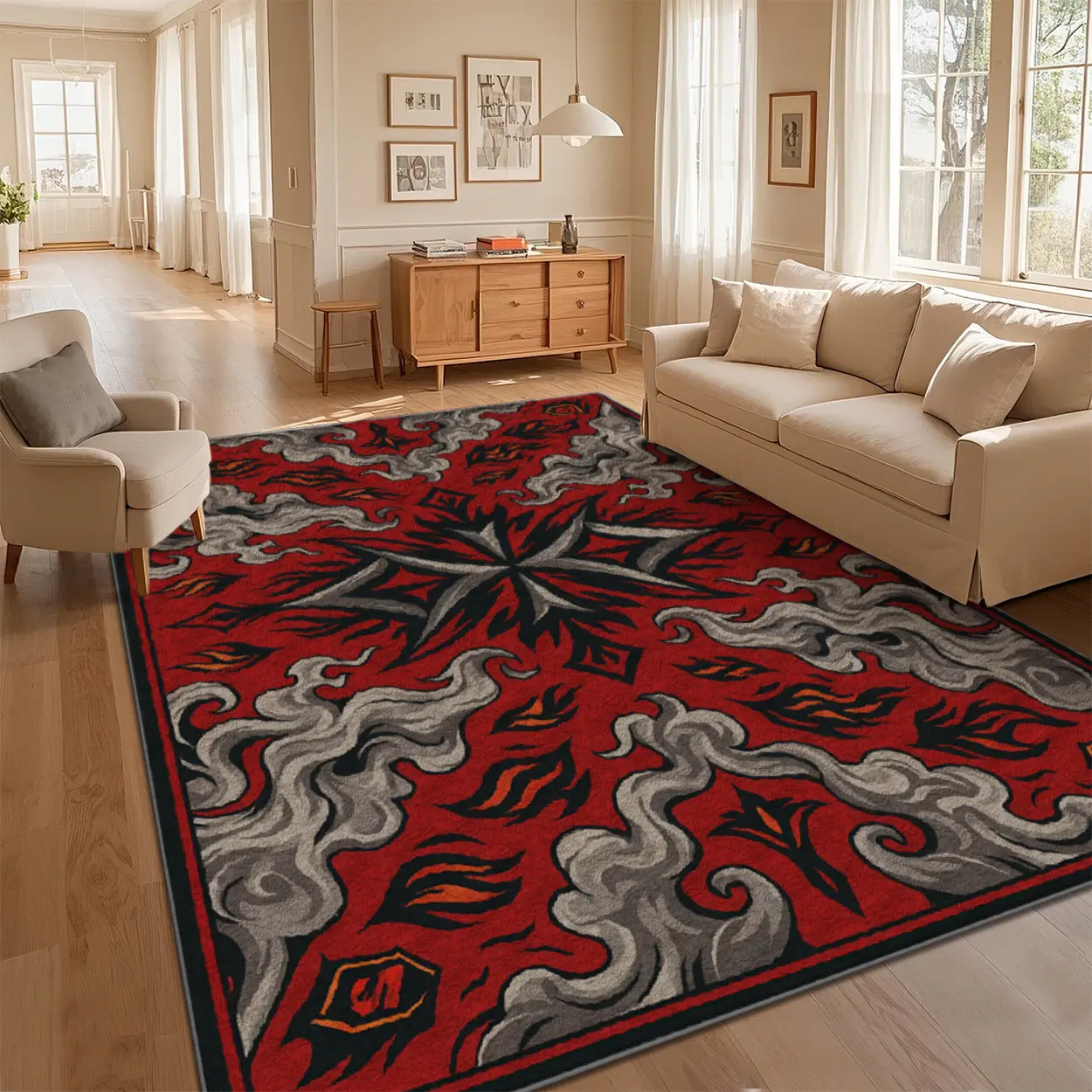 5'x7' Indoor Retro Gothic Red Flame Swirl Short Plush Aesthetic Area Rug - Customizable, Durable, Stain-Resistant, Machine-Washable Multi-Color Rug for Living Room, Bedroom (Local Delivery Available), Aesthetic Area Rugs