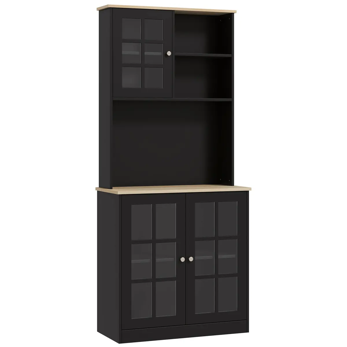 HOMCOM Kitchen Pantry Cabinet, 72" Freestanding Storage Cabinet with Hutch, Large Countertop, Glass Doors and Adjustable Shelves, Microwave Cabinet, Coffee Bar Cabinet for Dining Room, Black On-Site