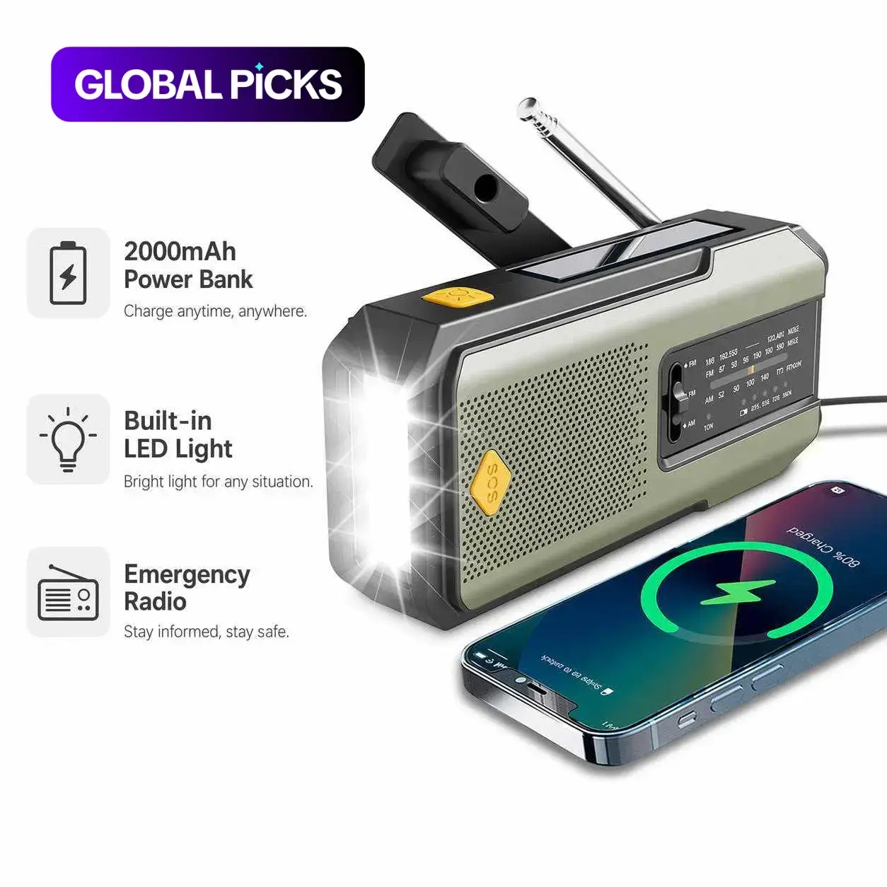 Hand-Crank and Solar-Powered Emergency Weather Radio, Portable Handheld Radio, Portable Rechargeable Radio, Portable Survival Radio with 2000mAh Power Bank, LED Light, and SOS Alarm for Outdoor Use #GLOBAL PICKS