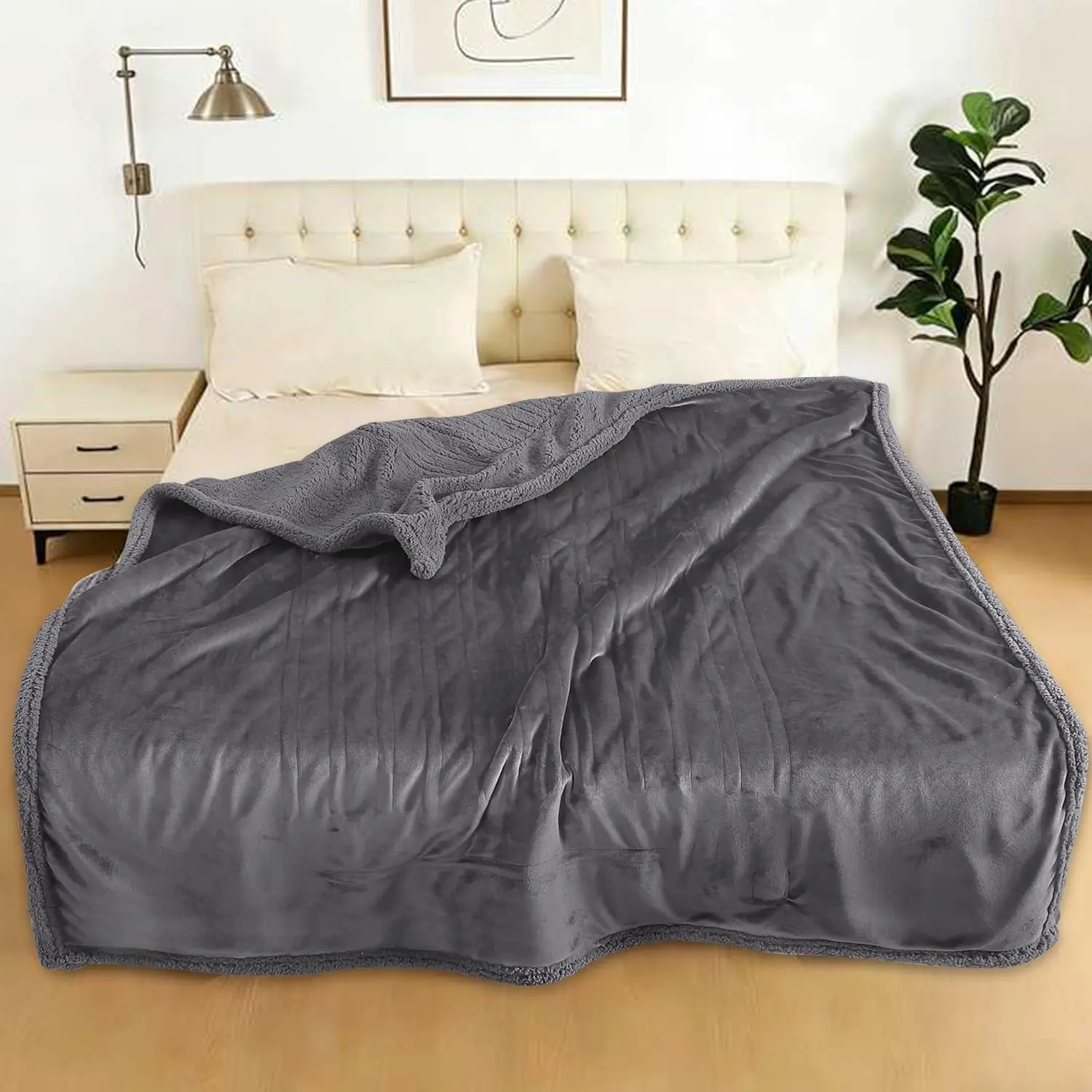 Electric Heated Blanket  Size 62"x84" - 5 Heat & 10H Auto-Off, Microplush Flannel & Sherpa, Same Color Both Sides, Machine Washable, Overheat Protection, Gifts for /Bedroom/Sofa, Dark Gray