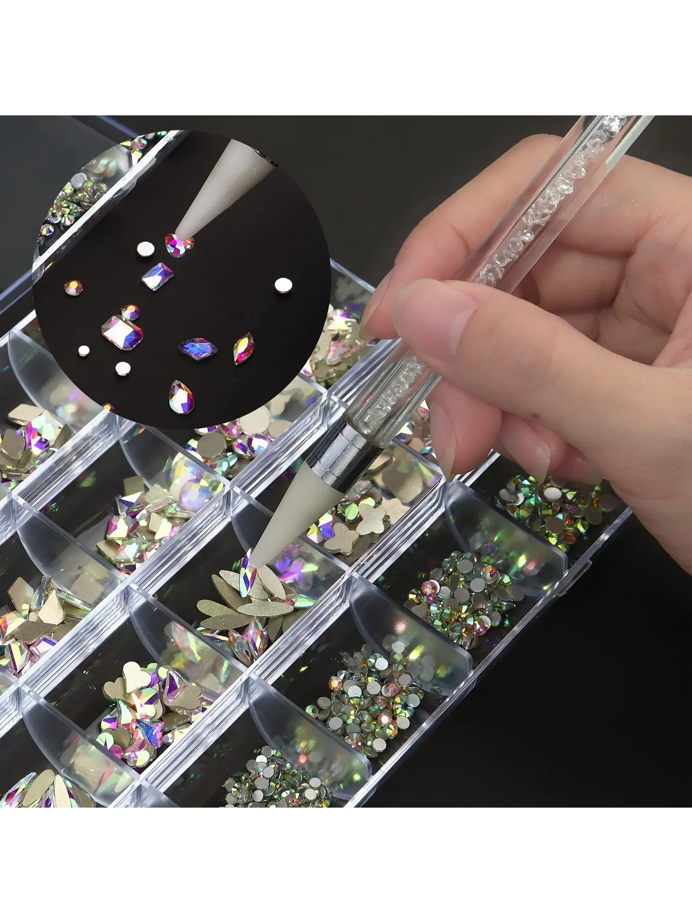 3D Glass AB Nail Rhinestone Set, Iridescent Flat Round Beads with Rhinestone Picker Pen, AB Shiny Gemstones for Gel Nail Art, DIY Manicure, Jewelry Craft Decoration