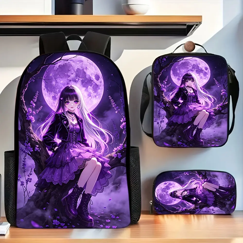 Pretty Anime Girl Purple Moon Print Fashion Backpack Set with Lunch Bag And Pencil Case