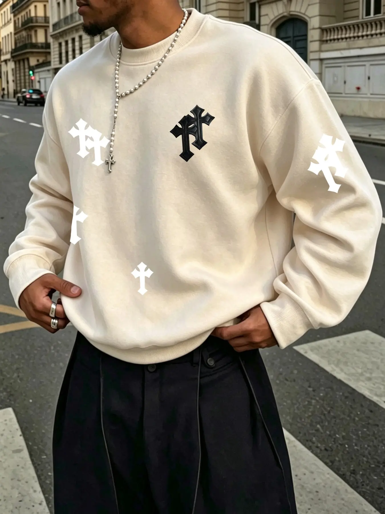 Cross Print Long Sleeve Hoodie, Soft Comfortable Fabric, Casual Street Style, Fall Winter Essential, Unisex, Five Sizes Available