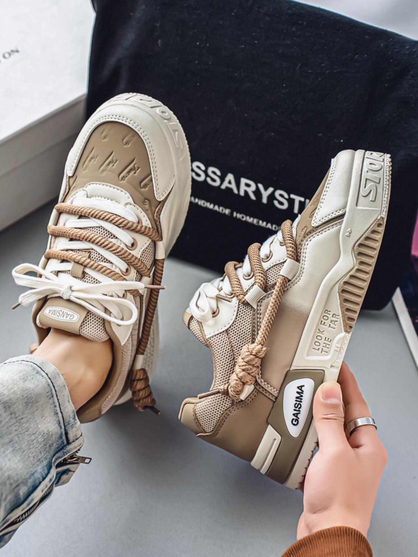 Men's Sporty Lace-Up Thick Sole Sneakers, Breathable Comfortable PU Leather Shoes, All-Season Outdoor Skateboarding Footwear