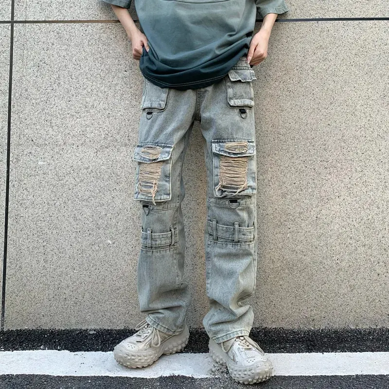 Kanye Pockets Y2K Streetwear Ripped Jeans Cargo Pants For Men Clothing Straight Vintage Hip Hop Denim Trousers Ropa Hombre