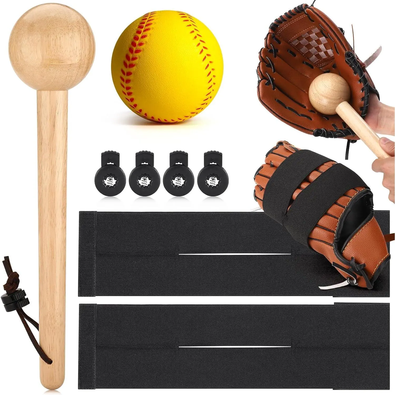 10 count Baseball Glove Break in Kit for Adult Youth Catchers, Baseball Glove Mallet Baseball Mitts Shaper Wooden Baseballs Hammer, Softball Glove Wrap Band, Plastic Practice Ball & Glove Locks