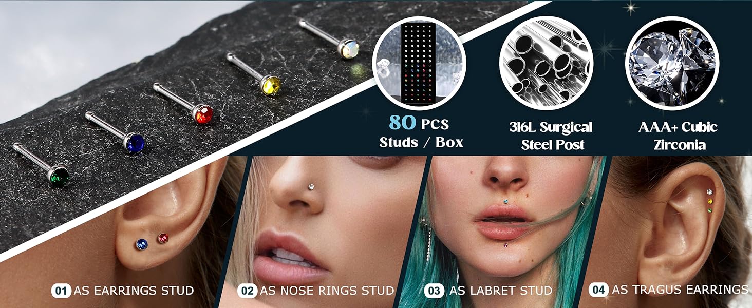 LOLIAS 80-160Pcs Nose Rings Studs for Women Men - Straight or L Shaped Surgical Stainless Steel Small Nose Studs Pin - Hypoallergenic 20G 22G Tiny Nose Piercing Jewelry 1.5/2/2.5/3 mm CZ LOLIAS 80-160Pcs Nose Rings Studs for Women Men - Straight or L Shaped Surgical Stainless Steel Small Nose Studs Pin - Hypoallergenic 20G 22G Tiny Nose Piercing Jewelry 1.5/2/2.5/3 mm CZ