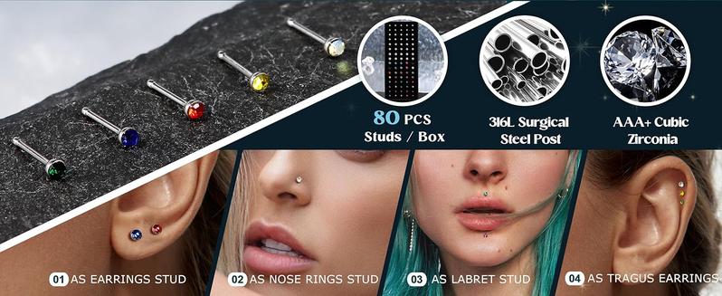 LOLIAS 80-160Pcs Nose Rings Studs for Women Men - Straight or L Shaped Surgical Stainless Steel Small Nose Studs Pin - Hypoallergenic 20G 22G Tiny Nose Piercing Jewelry 1.5/2/2.5/3 mm CZ