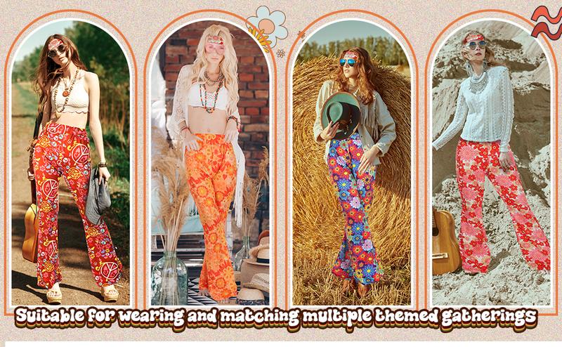 3 Pcs 60s 70s Outfit for Women Hippie Costume Set Disco Flared Pants Groovy Outfit Party Accessories Clothes Womenswear Dress Floral Headband Matching