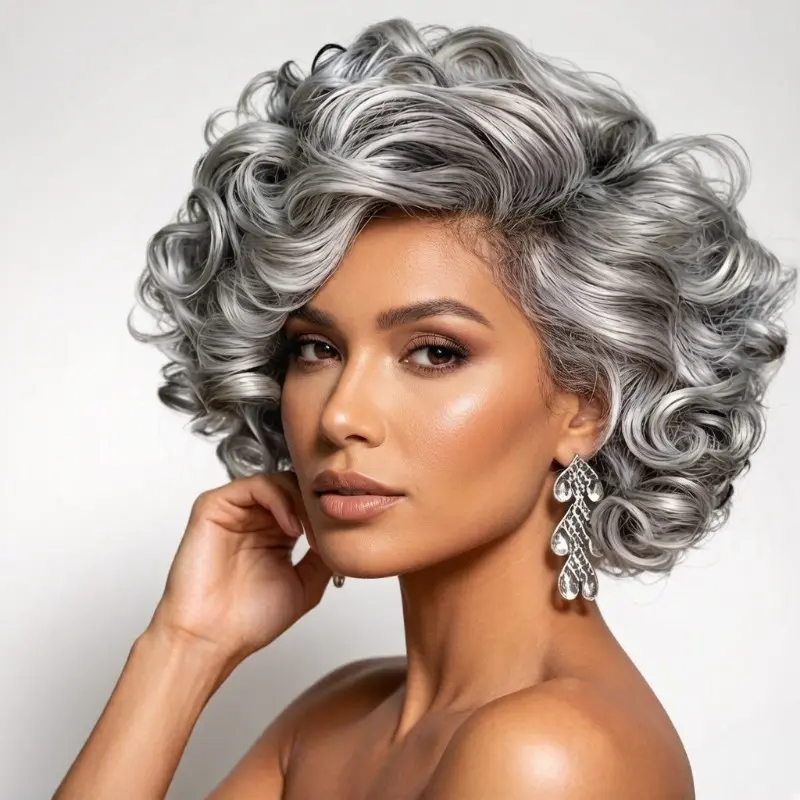 Synthetic Costume Wig - Gray Silver Short Curly Retro Elegant Full Wig for Middle-Aged to Elderly Adults, Ideal for Themed Parties, Stage Parades