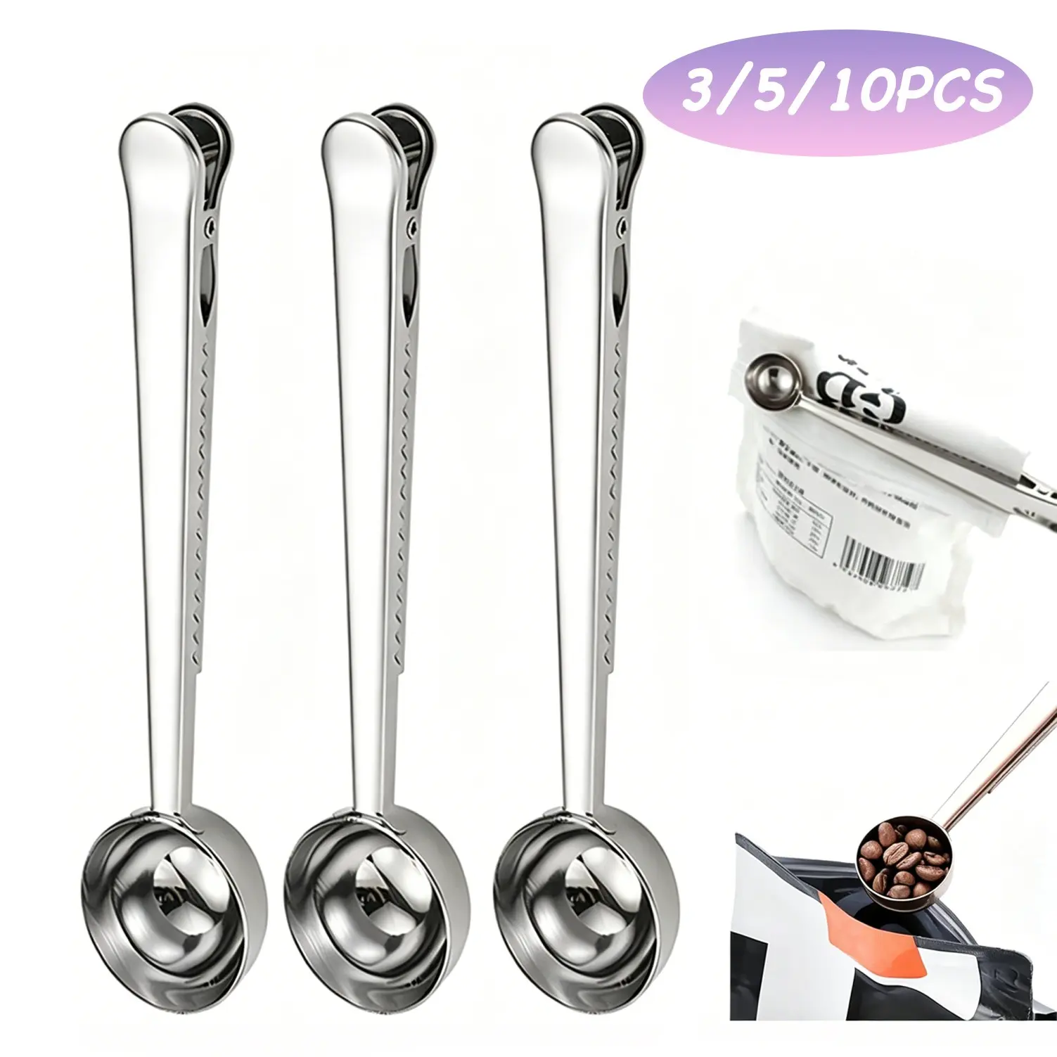 3/5/10pcs Coffee Scoop Clip, Durable Stainless Steel Measuring Spoon, 15ML/0.51oz Scoop with Bag Clip for Coffee Beans/tea/sugar/flour/protein Powder/instant Drinks, Kitchen Additions