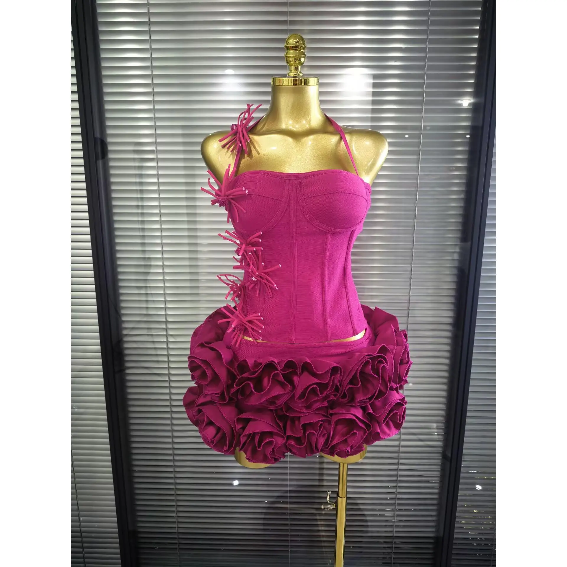 High Quality Black Red Women Sexy Halter Full Florals 2 Pieces Set Bodycon Mini Bandage Dress Celebrate Nightclub Party Wear