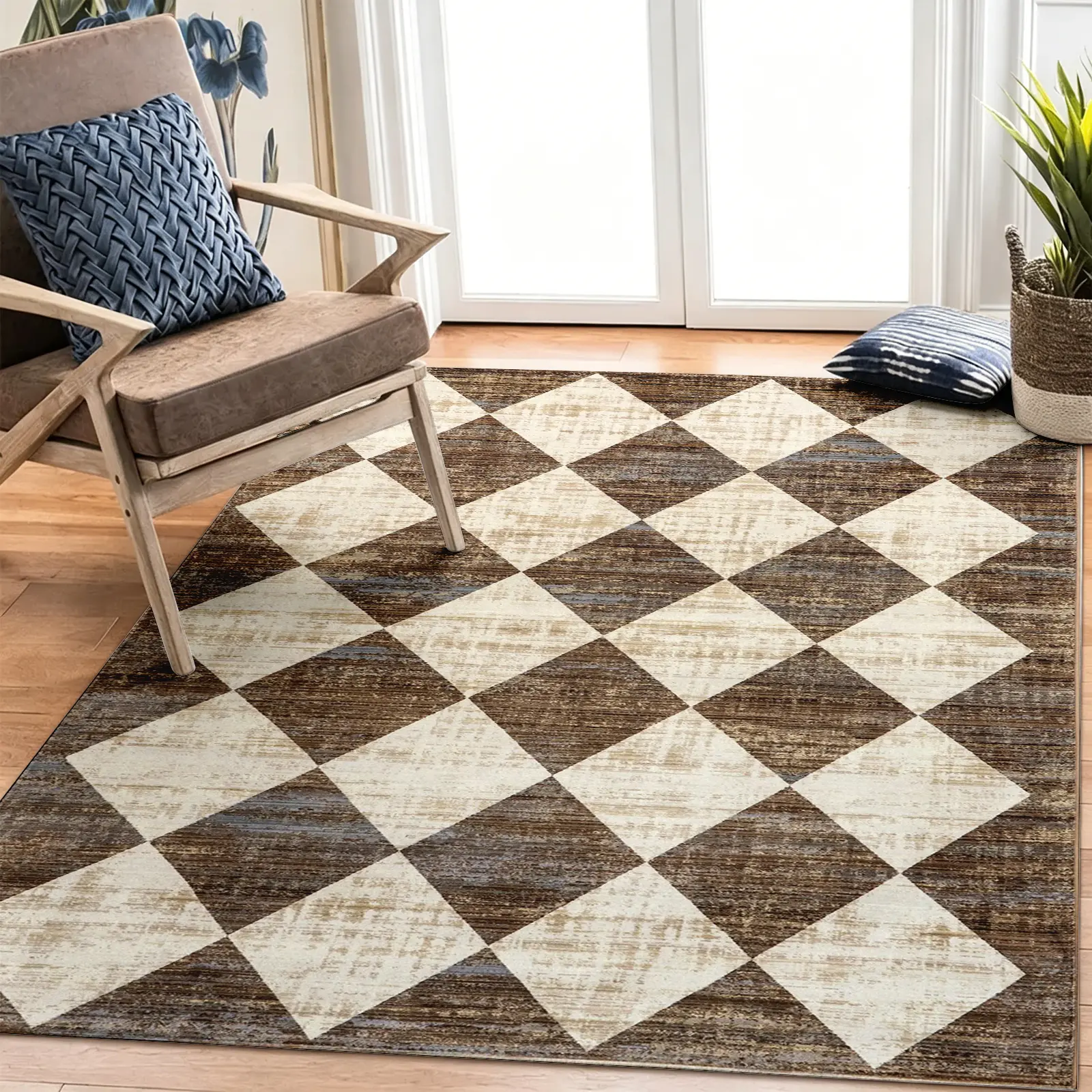 Distressed Brown White Diamond Checkered Area Rug, Vintage Plaid Non-Slip Living Room Floor Mat, Washable Low Pile Stain-Resistant Carpet, Pet-Friendly Farmhouse Mid-Century Wabi Sabi Home Decor (Various Sizes) ﻿