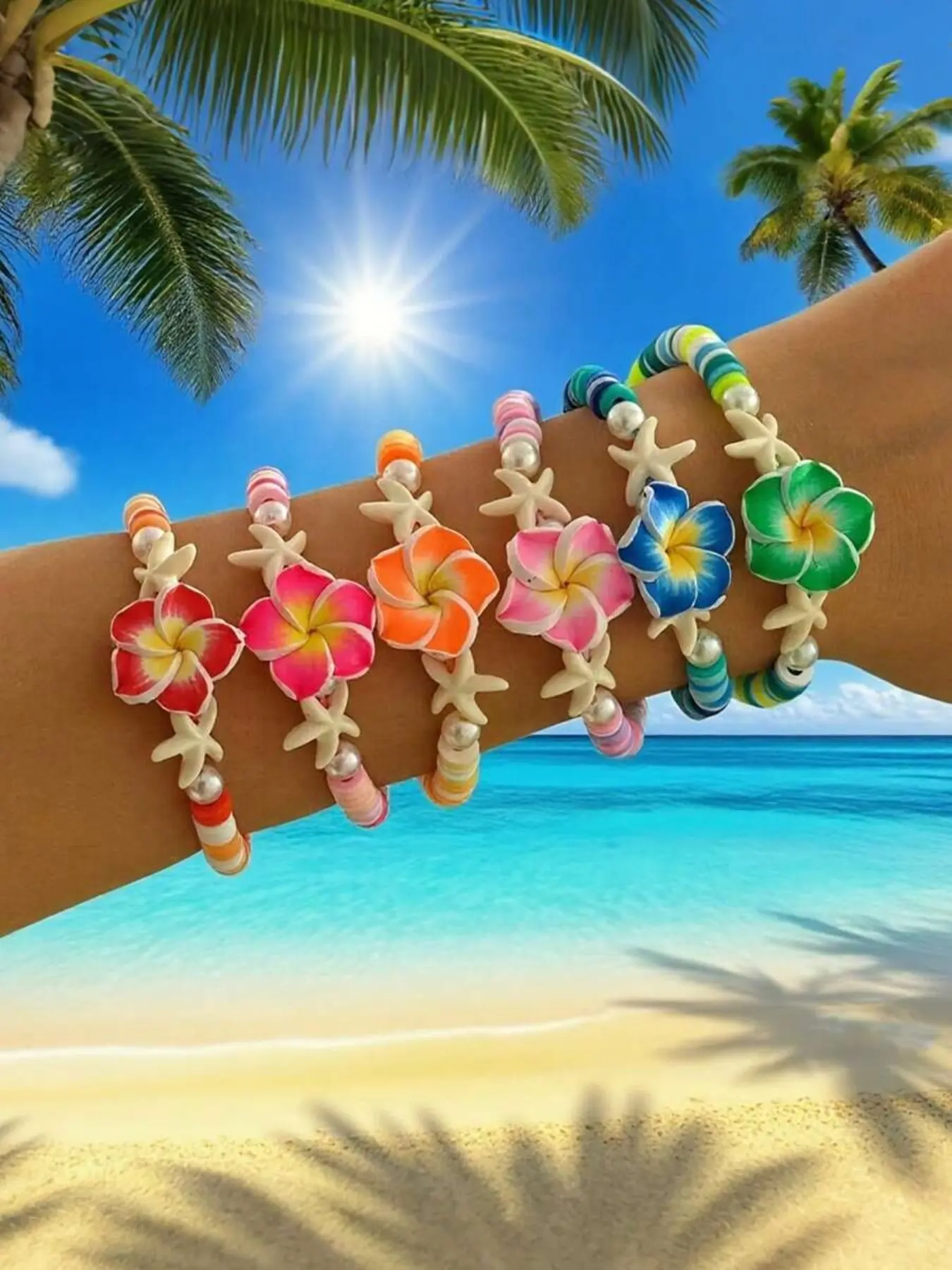 6pcs/Set Hawaiian Style Hibiscus Bracelets, Fashionable Bracelet Style, Boho Beach Dopamine Bracelets, Adjustable Star Faux Pearl Bracelets With Flower Pendants, Suitable As Gifts, Women's Daily Outfits, Bohemian Beach Jewelry, Mother's Day Gif