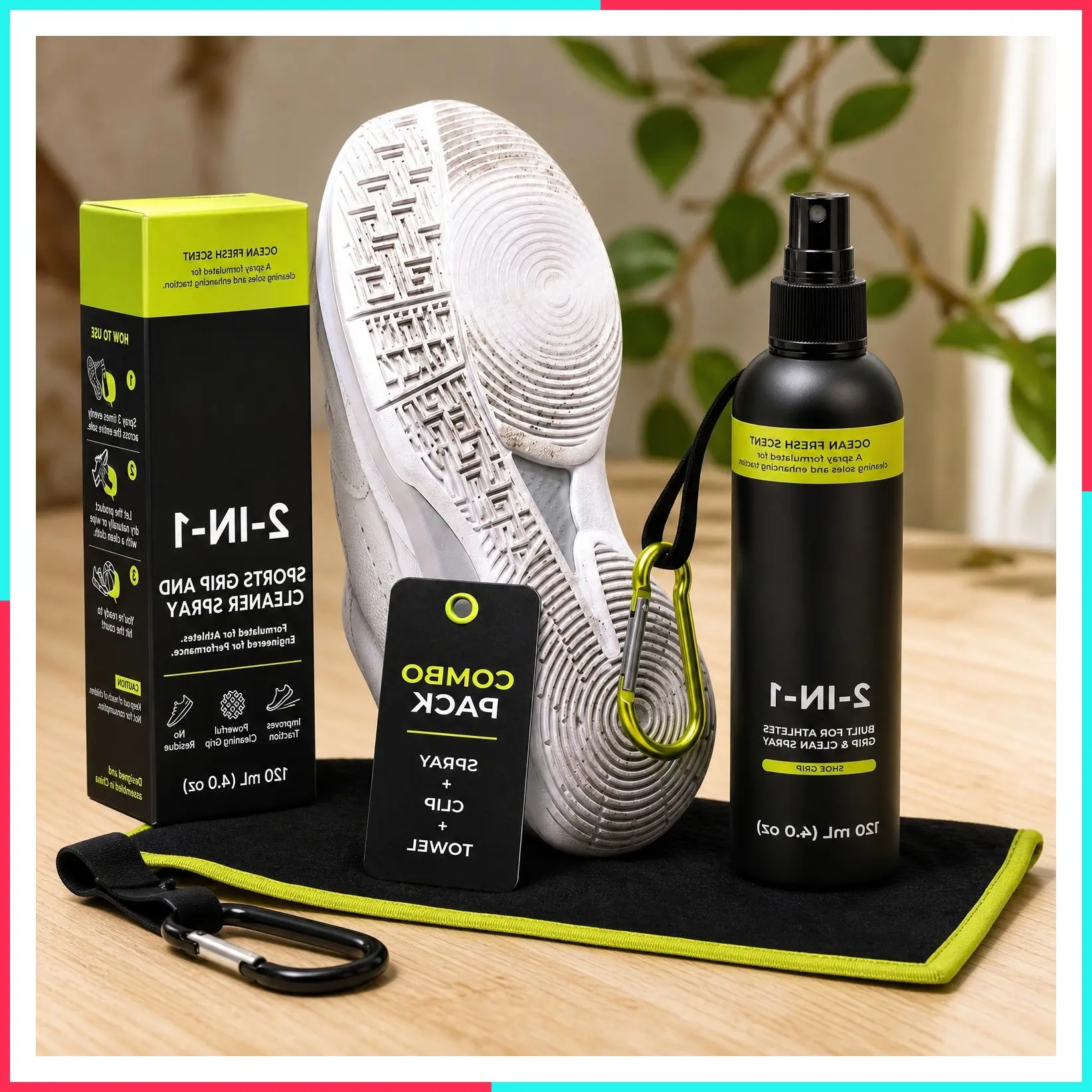 Shoe Grip Spray – Anti-Slip Traction & Sole Rejuvenator for Basketball, Volleyball, Pickleball – 2-in-1 Court Shoe Cleaner & Enhancer with Microfiber Towel & Backpack Clip