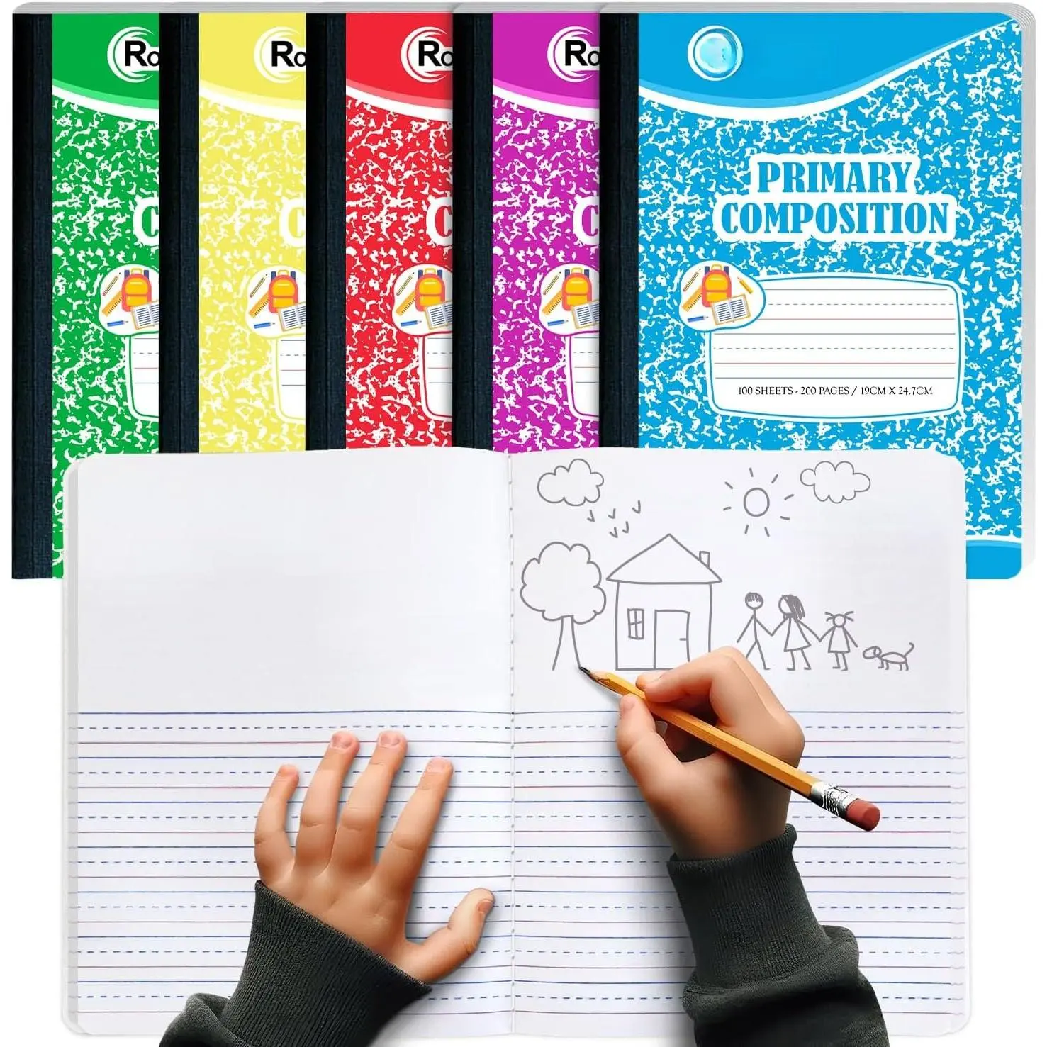5 Pack Primary Composition Notebook, Draw and Write Journal, K-2 | Primary Ruled Composition Notebooks, 200 Pages / 100 Sheets, 9-3/4 x 7-1/2, K-2 Drawing Story Journal Writing Notebook
