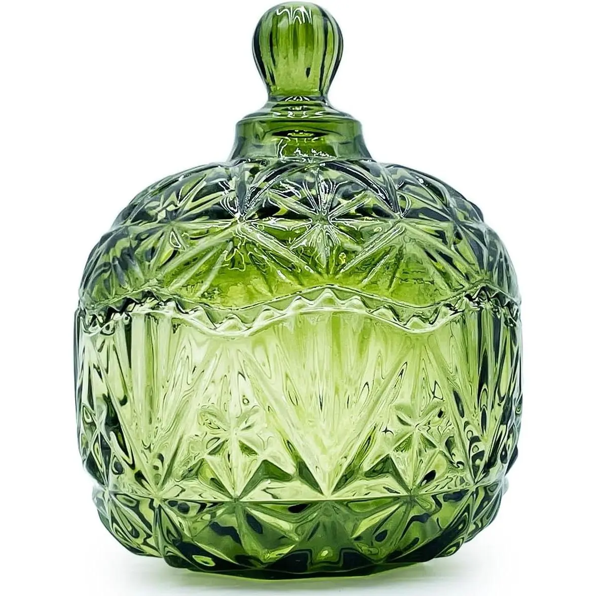 Olive Green Embossed Lid Luxury Look Round Body Single Jar Crystal Glass Snack Containers, Kitchen Candy Snack Bar Storage Jar with Jewelry Organizer Function