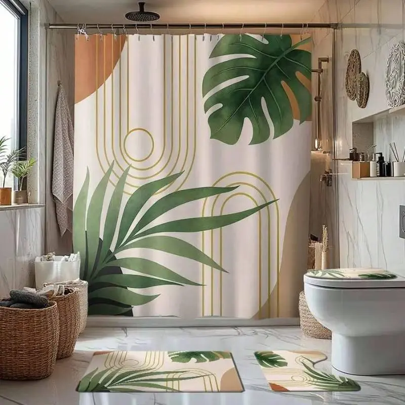 Bohemian Bathroom Decor, 4-Piece Tropical Plants Print Shower Curtain Set with Waterproof Polyester and U-shaped Mat