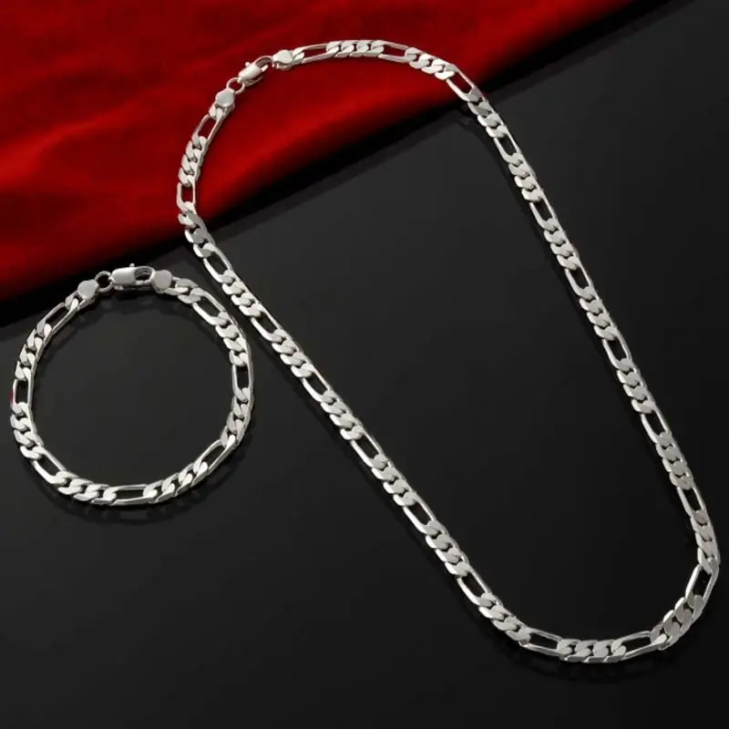 Silver Plated Jewelry Set, Viral Temu Bestseller 4mm Figaro Chain Necklace & Bracelet 2-Pack, Premium Polished 3:1 Link Matching Jewelry Kit, Smooth Shiny Surface & Comfort Fit Clasp, Unisex Minimalist Style, Ideal For Daily Commute, Casual Outfits And Ev