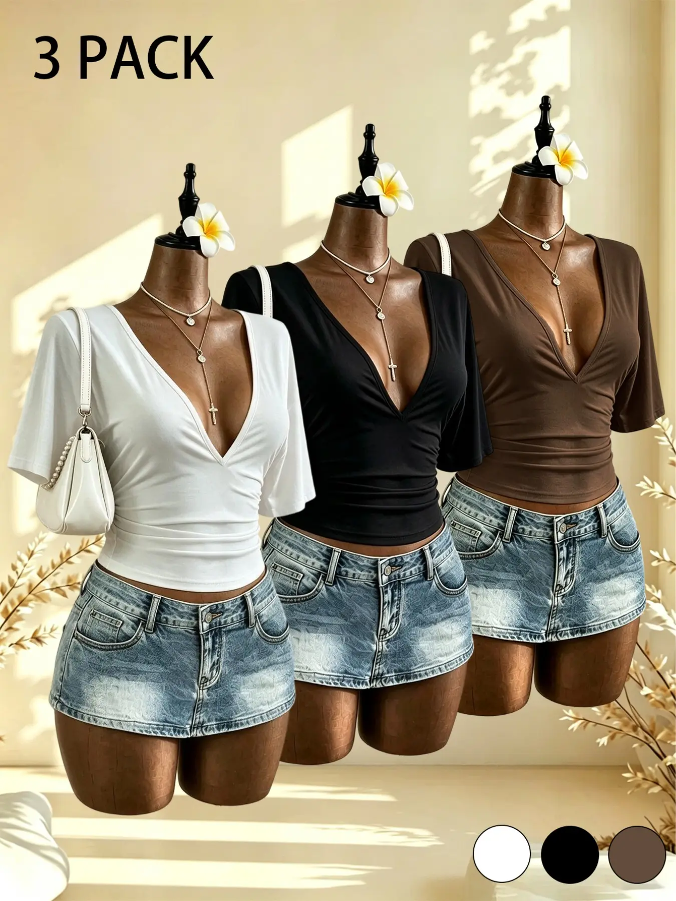 3Pcs Women Pleated Waist‑cinching Short T‑Shirts, Deep V‑Neck Short Sleeve Tops, Fashion Summer Casual Shirts, Figure‑Flattering Ruched Design, Daily Outfits For Adult Women