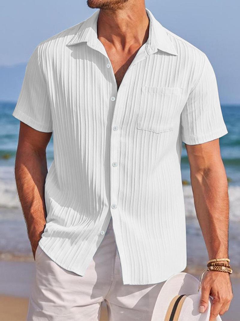 Men's Solid Color Short Sleeve Shirt, Casual Comfy Top for Beach Vacation, Men's Clothes for Summer