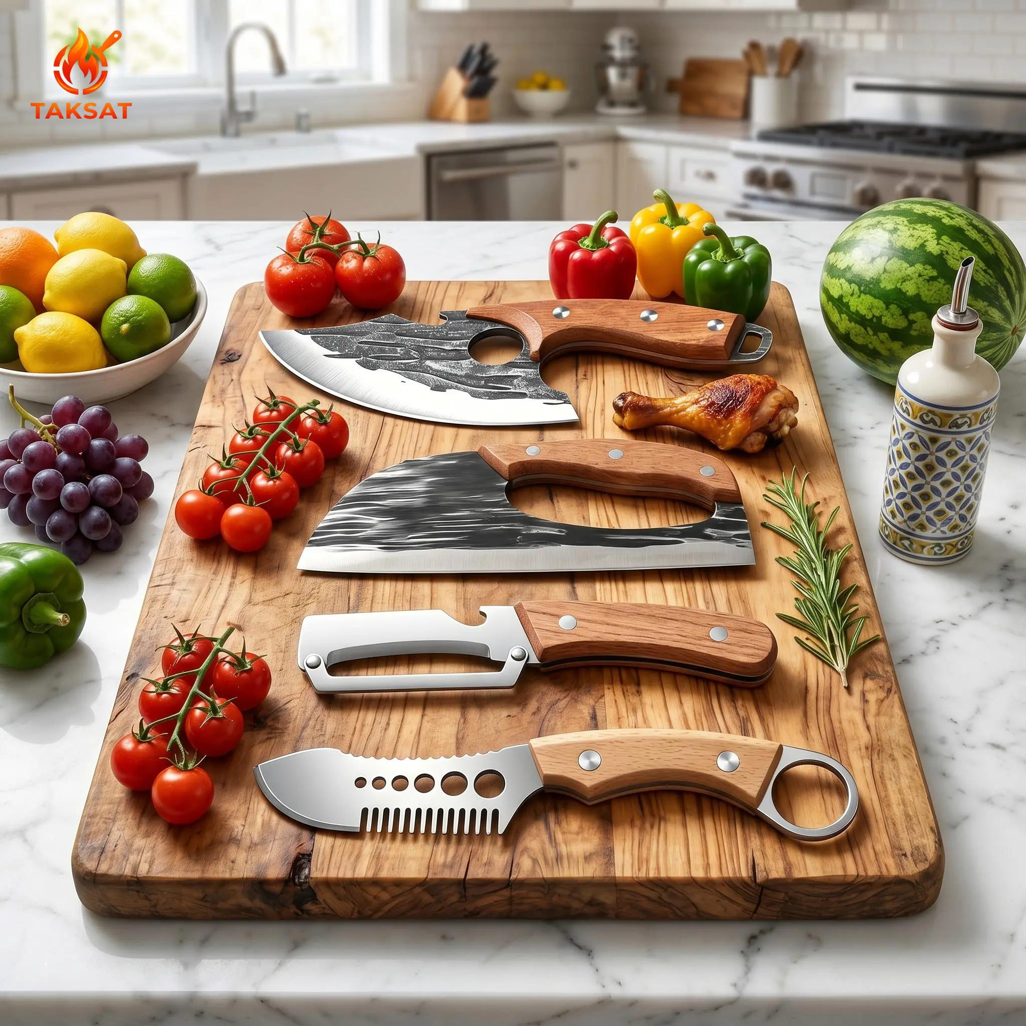 [4pcs-Buy 2 Get 2] Kitchen Knives, Forged Kitchen Knife Set - Forged Carbon Steel Cleaver Knife, Fruit & Veggie Peeler with Sharp Stainless Steel Blade, Stainless Steel Vegetable Peeler with Wooden Handle, Fish scale scraper, Ergonomic Non-Slip Handle.