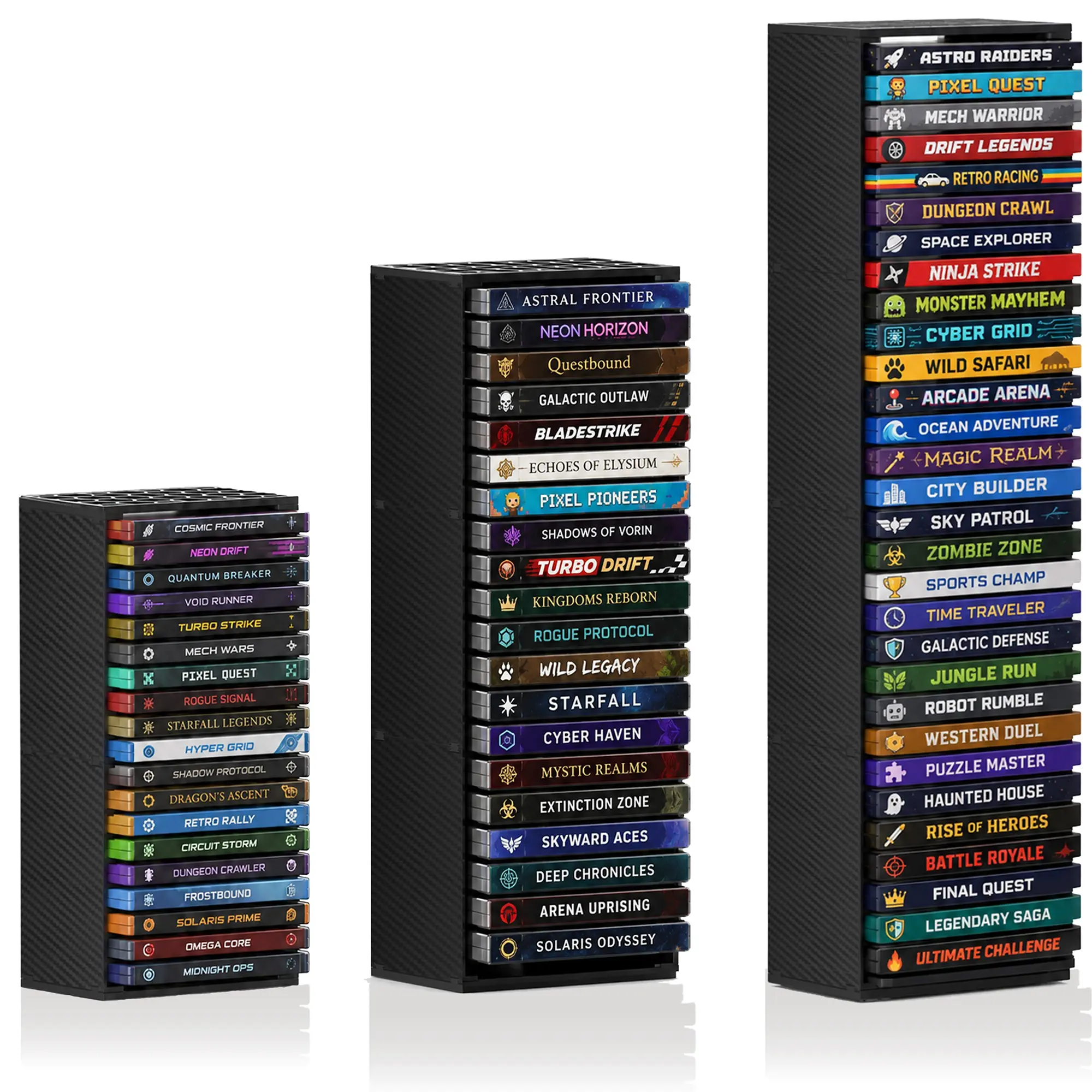 Game Case Storage Tower, 3/4 Tier Stackable Organizer, Holds 27/36 Cases, Carbon Fiber Texture, Vertical/horizontal, Compatible with P5/p4/p3/p2, X Series, Switch 1/2
