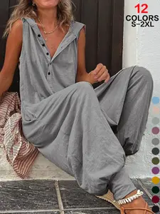 2026 Women's All Occasion Jumpsuit, Hooded Button Detail, Sleeveless Long Pants, Baggy Romper, Daily Wear, Lounge, Brunch, Cruise, Travel, Date, Beach, Outdoor