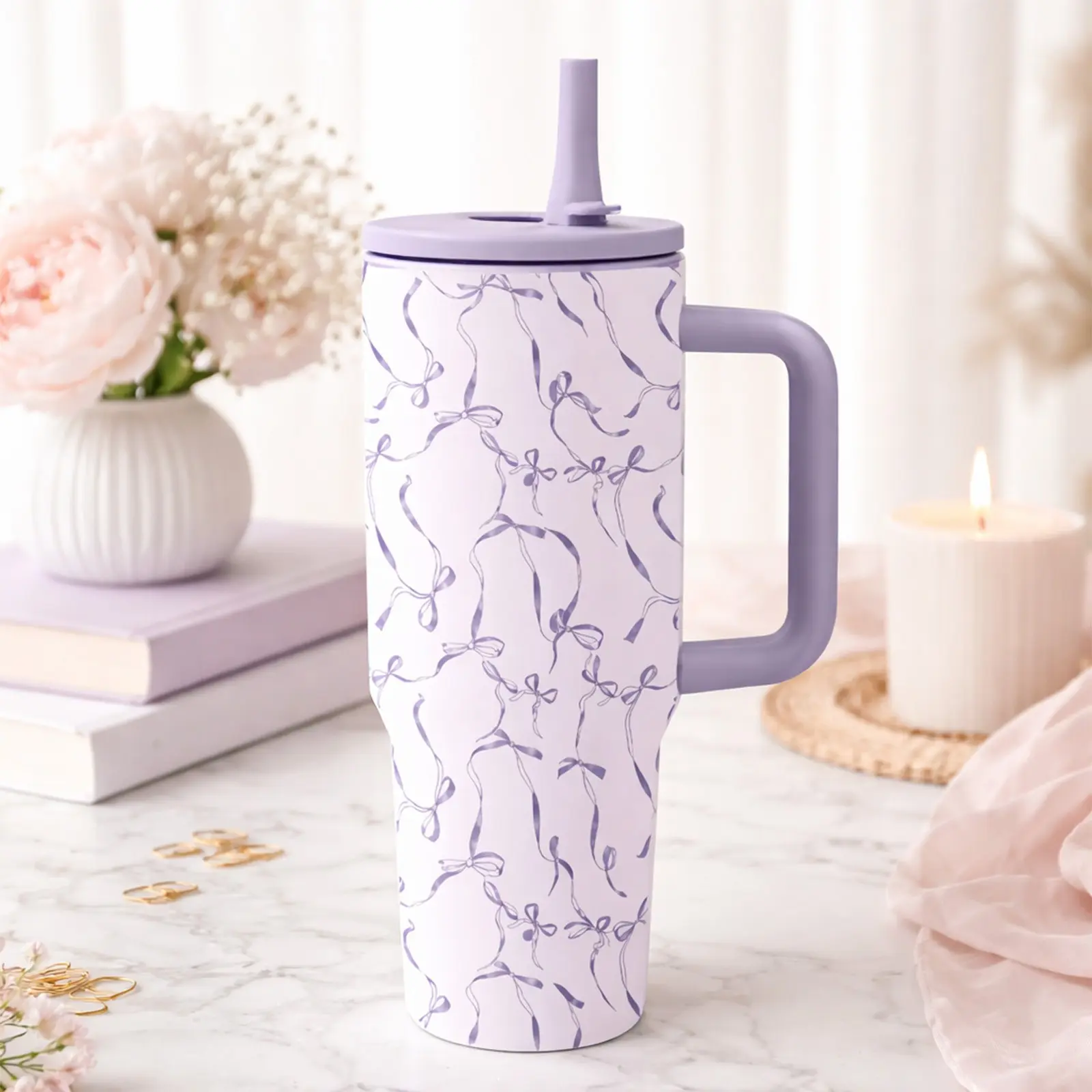 1PC 40oz Coquette Bow Tumbler with Handle, Straw & Lid, Purple Ribbon Print Stainless Steel Insulated Travel Mug, Leak-Resistant Reusable Cup for Women, Office, Car & Birthday Gift