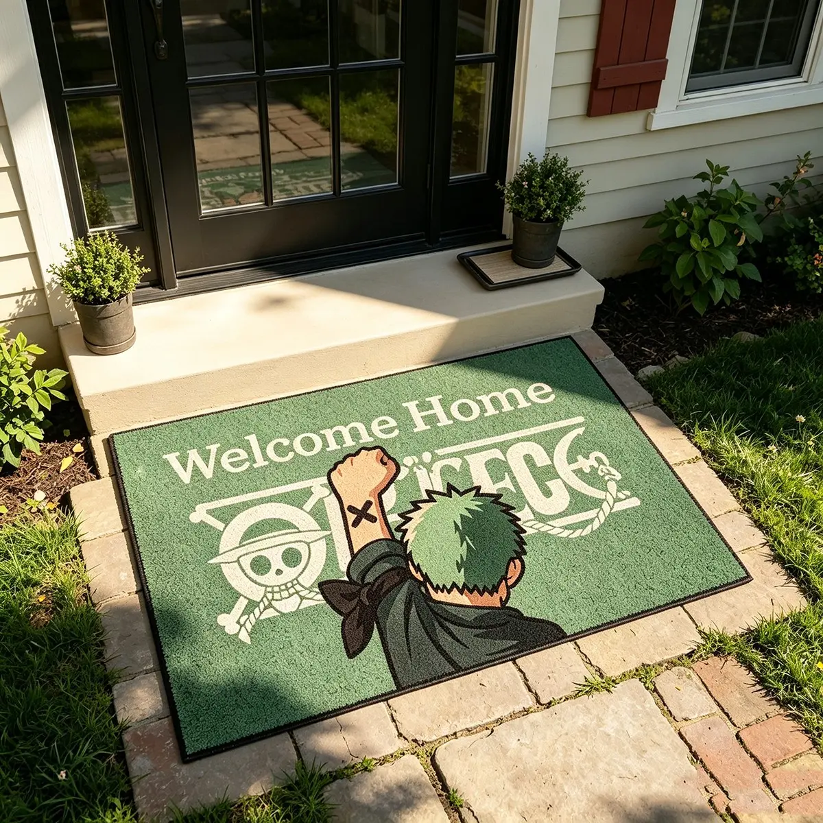 Anime Green Hair Character Door Rug Welcome Pirate Skull Entrance Rug Outdoor Patio Shoe Area Rug Trendy Anime Home Decor Floor Rug