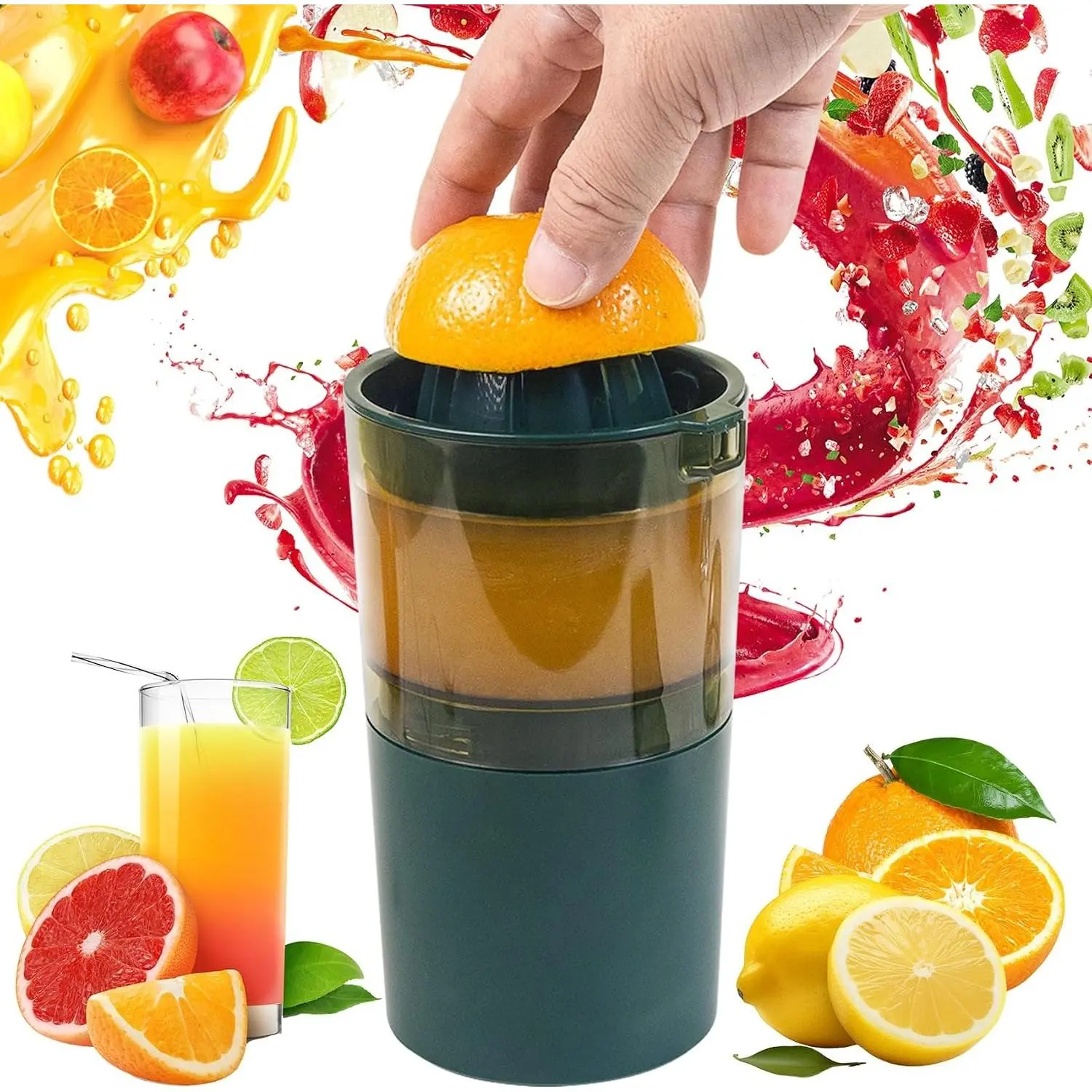 Citrus Juicer Electric auto on off by hand press Orange Juicer squeezer with Pulp Control Strainer Lemon Squeezer for lime grapefruit pomegranate with Powerful motor Portable (Dark Green)