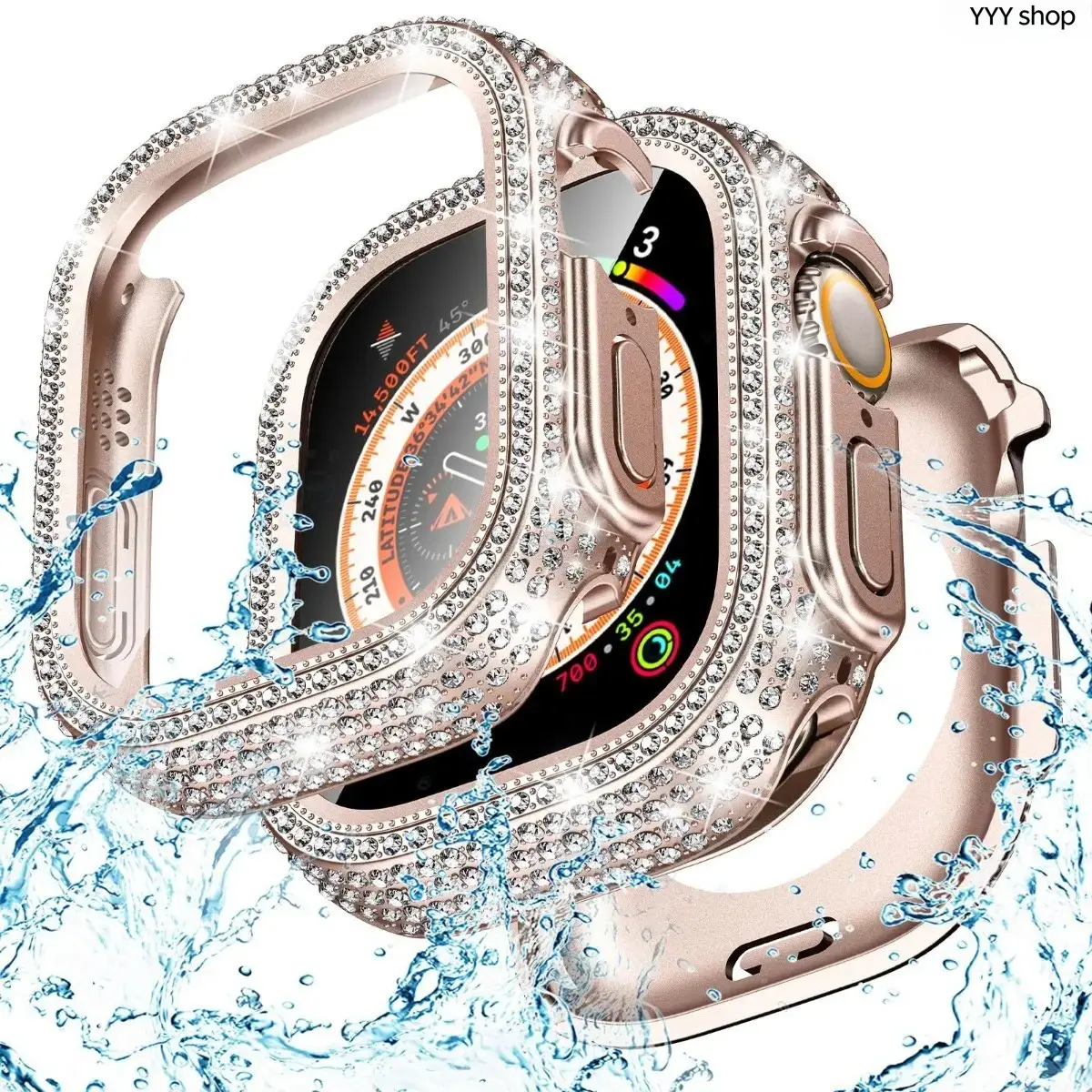 Full Cover Rhinestone Inlaid Protective Case, Waterproof Integrated Shell With Built-In Tempered Glass Film, Multi-Size Fit 38/40/41/42/44/45/46/49mm, Glam Decorative Smartwatch Cover Compatible With Apple Watch S10 S11 SE Ultra (Watch Not Included)