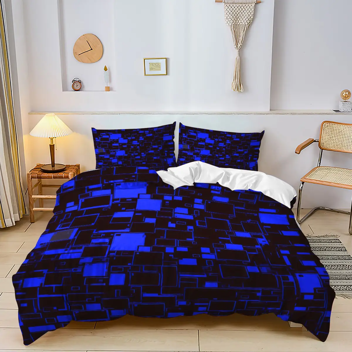 Bold Contrast Blue Black Block Abstract Geometric Duvet Cover Set, 2/3pcs No Filling – Print Bedding Set, Great for Industrial Gaming Room, Urban Teen Male Hangout Space, Apartment