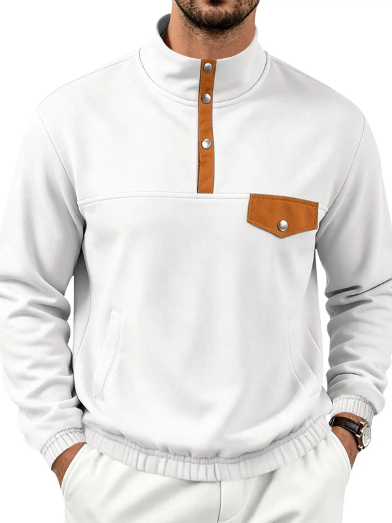 Men's button-down collar matching color patch pocket sweatshirt - Half-neck light and mature style knitted casual top - Soft and stretchy, suitable for both casual wear and formal occasions - Versatile and easy to pair