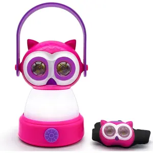 Kids Owl Lantern & Headlamp Set, 2-in-1 360 °   LED Camping Night Light, Battery Powered 3*AA, Child-Safe ABS, Portable Adventure Toy & Bedroom Night-Light (Pink Owl Lantern-Headlmp)
