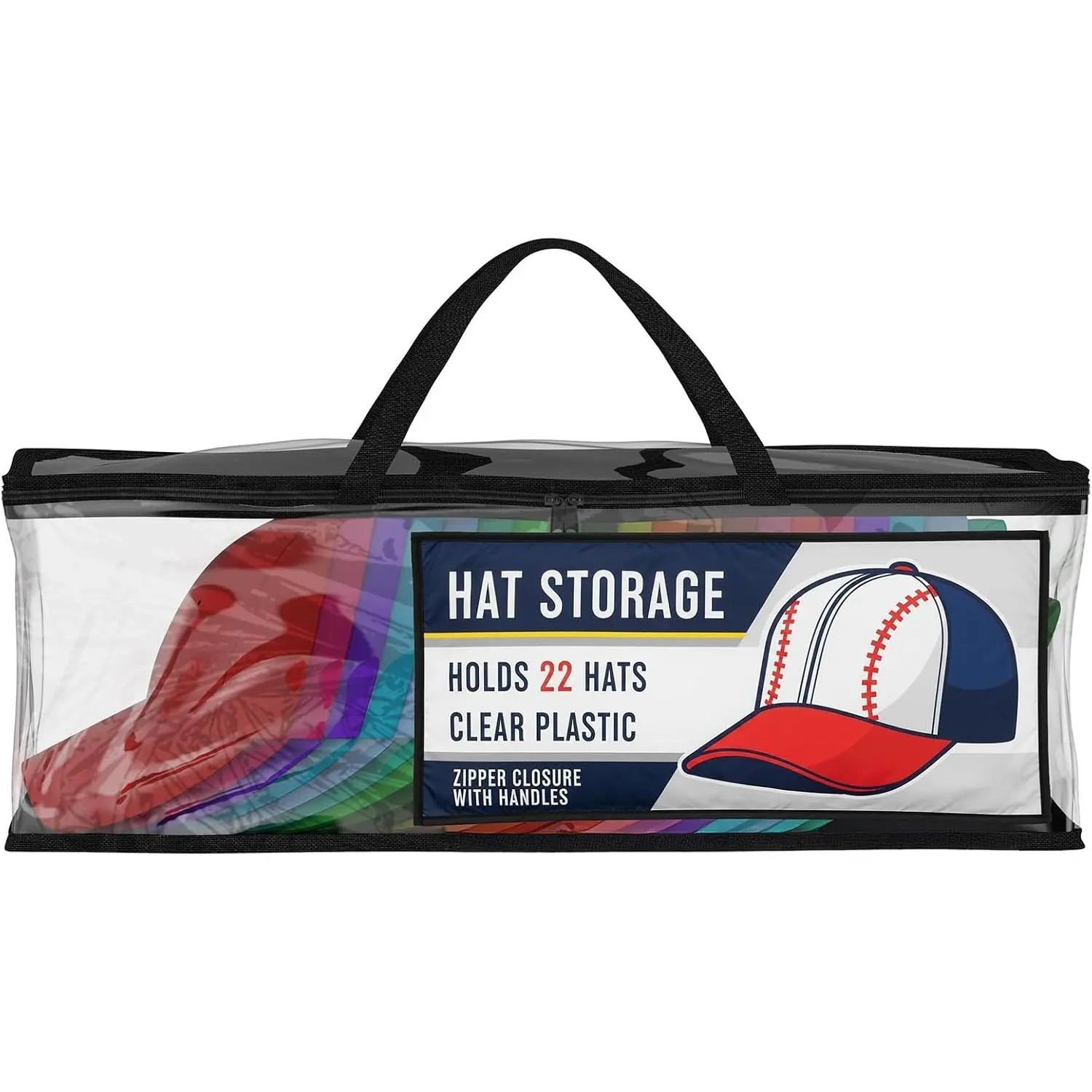 23x6x8" Synthetic Transparent Baseball Storage Bag with Zipper Top, Hat Organizer Case, Black Handles
